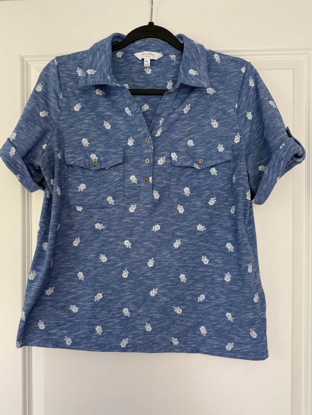 Coral Bay Petite Blue and White Knit Top with Gold Logo